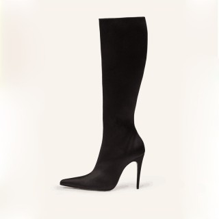 Arden Furtado Black Satin Pointed toe Stiletto Knee high boots Side zipper High-heeled Modern boots Extra large size