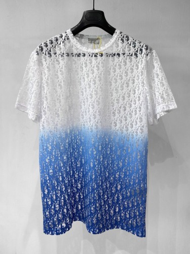 DIOR20SS WHITE AND BLUE GRADIENT JERSEY T-SHIRT WITH ALL-OVER DIOR OBLIQUE MOTIF