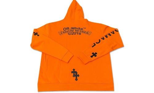 CHROME HEARTS 2018 X OFF WHITE PRINTED CROSS LEATHER PATCH HOODIE ORANGE
