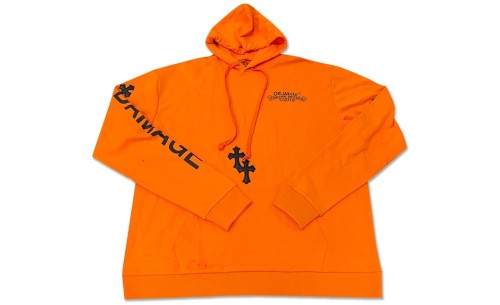 CHROME HEARTS 2018 X OFF WHITE PRINTED CROSS LEATHER PATCH HOODIE ORANGE