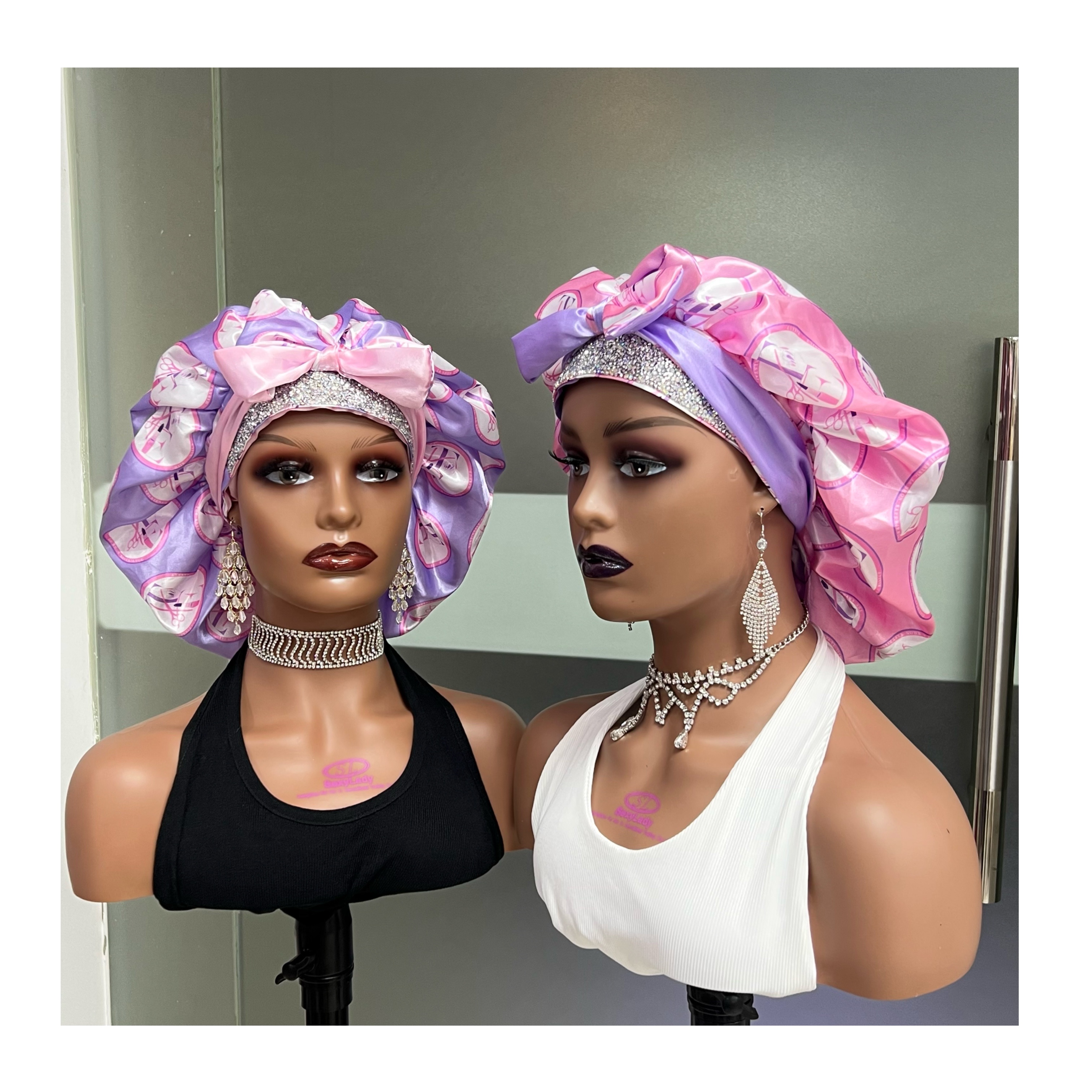 Sublimation Blank Satin Bonnet with Edge Band Bling Rhinestone Cap Double  Layer Designer Bonnets for Women