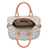 A stylish women's crossbody bag with a checkered pattern, featuring dual handles and an adjustable shoulder strap.