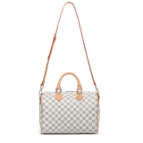 A stylish women's crossbody bag with a checkered pattern, featuring dual handles and an adjustable shoulder strap.