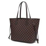 Brown Checkered tote bag for women with PU leather design and wallet.