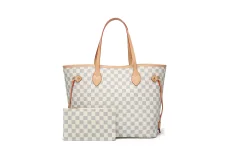 RICHPORTS Stylish Checkered Bag – White PU Leather Tote with Matching Wallet, Large Capacity Shoulder Handbag for Women
