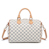 A stylish women's crossbody bag with a checkered pattern, featuring dual handles and an adjustable shoulder strap.