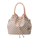 Fashion Checkered Bucket Bag with drawstring design, PU leather exterior, dual handles, and adjustable shoulder strap