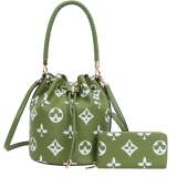 A stylish PU leather bucket bag with a drawstring closure and adjustable shoulder strap, designed in a checkered pattern.