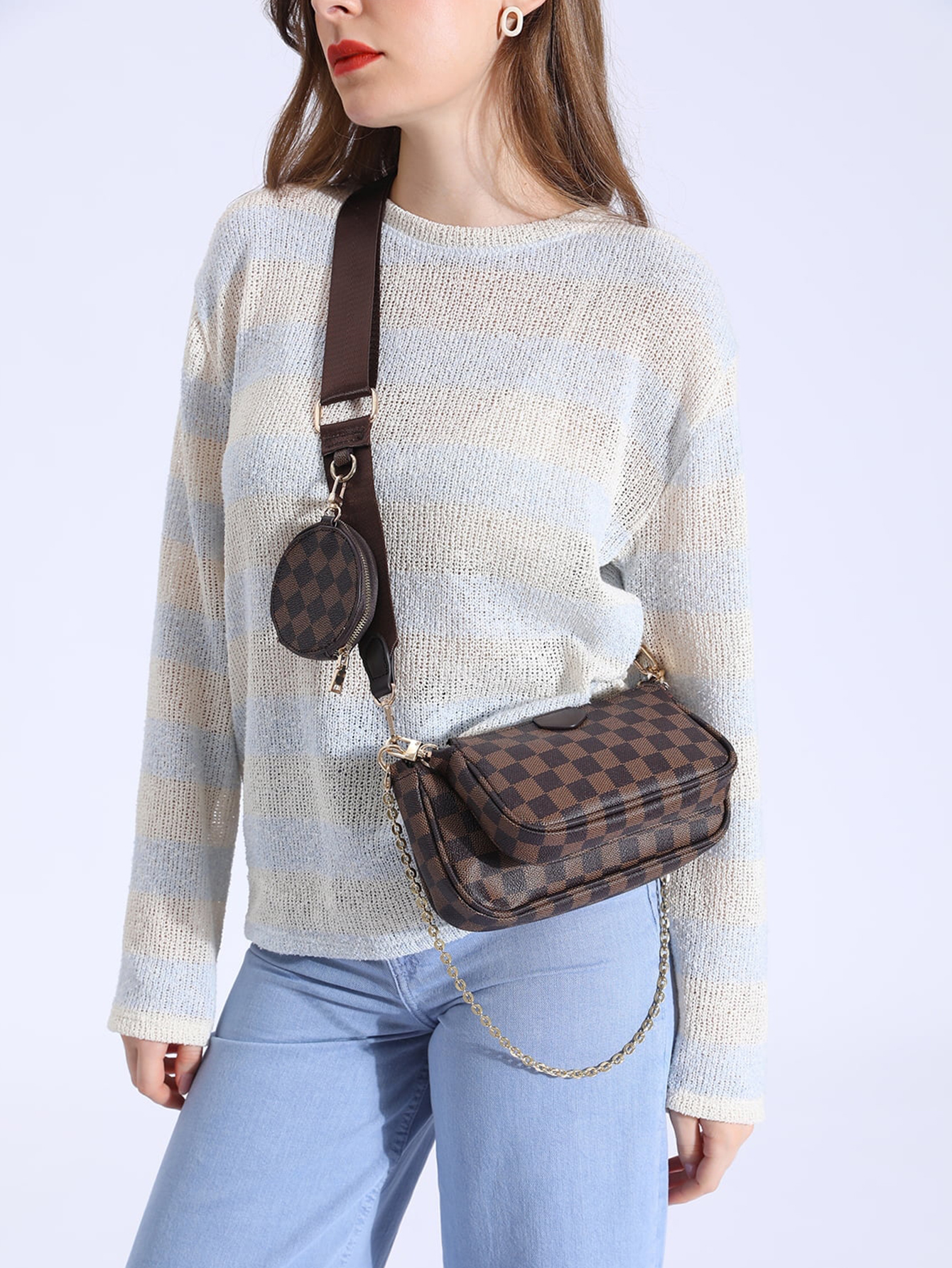 A range of checkered (white-grey) styles: satchel, tote (with pouch), backpack, duffle. Soft pink accents, versatile designs—blending luxury vibes with daily functionality. Ideal for varied needs: commute, travel, errands.