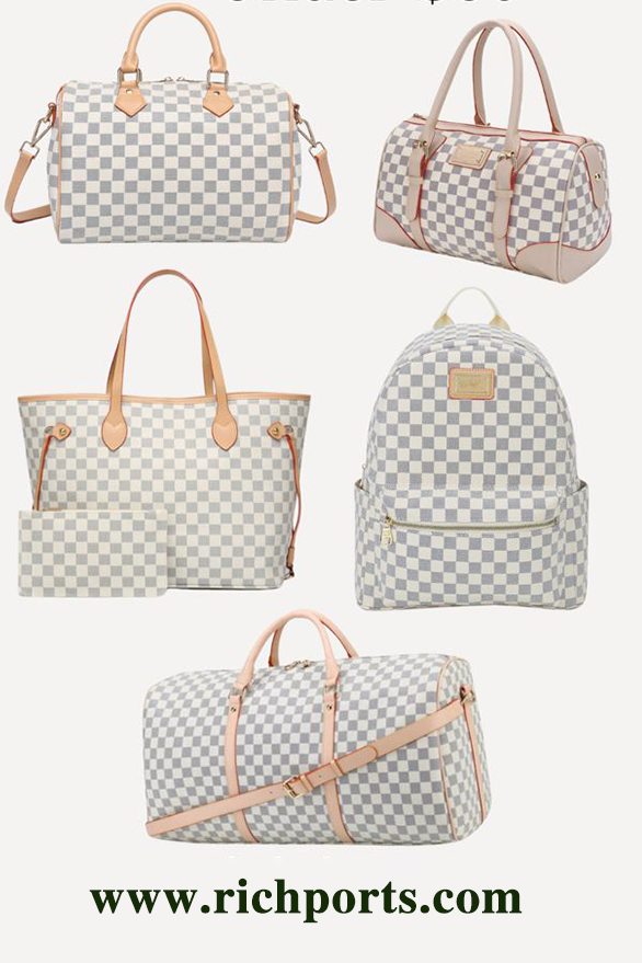 This collection features white-grey checkered designs with soft pink accents, including satchels, totes, backpacks, etc.—blending luxury style and daily functionality for commutes, travels, and errands.