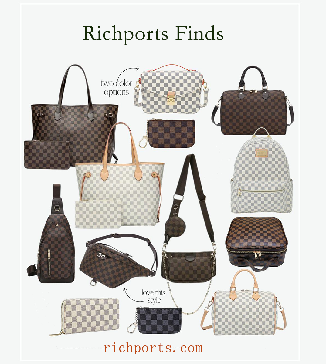 Two-tone (brown/white-grey) checkered styles: totes, backpacks, crossbodies, etc. Mix of classic & trendy designs—blending luxury vibes with daily versatility. Ideal for varied needs, from commutes to outings.