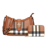 A stylish checkered crossbody bag for women with adjustable strap, vintage stripe print, and matching wallet, made from PU leather.