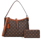 A stylish black PU leather handbag for women featuring a vintage print design, adjustable shoulder strap, and matching wallet.