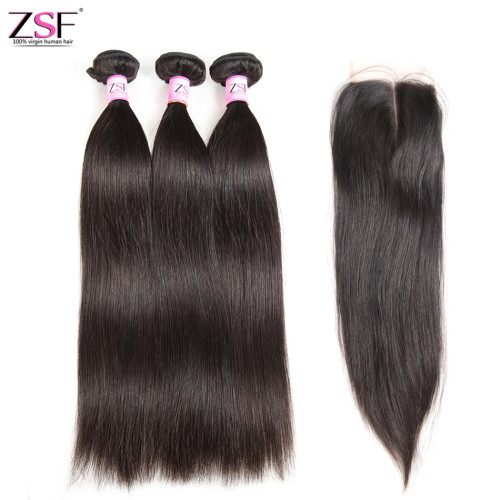 Free Shippng ZSF Hair 8A Grade Straight Virgin Hair 3Bundles With 4*4 Closure 100% Human Hair Extension Natural Black