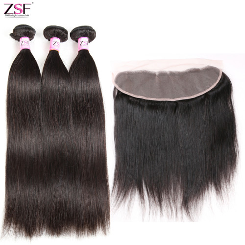 Free Shippng ZSF Hair 8A Grade Straight Virgin Hair 3Bundles With 13*4 Lace Frontal Natural Black