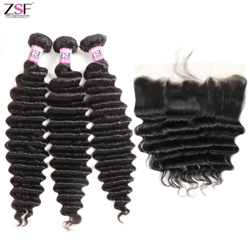 Free Shippng ZSF Hair 8A Grade Deep Wave Virgin Hair 3Bundles With 13*4 Lace Frontal Natural Black