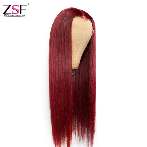 ZSF Hair Burgundy 4*4/5*5/13*4/360 Lace Wig Brazilian Straight Colored Human Virgin Hair One Piece.