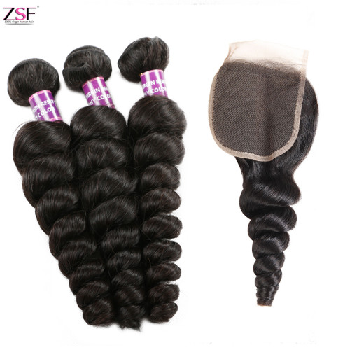 Free Shippng ZSF Hair Loose Wave Virgin Hair 3Bundles With 4*4 Closure 100% Human Hair 8A Grade Natural Black