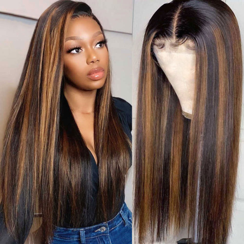 ZSF Hair 1b/30# Highlights Straight Black Dark Blonde Brazilian 4*4/5*5/13*4/360 Lace Wig   Pre Plucked 1PC
