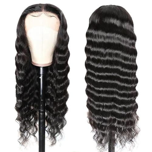 ZSF Hair Loose Deep Wave 13*4 Lace Frontal Wig 100% Human Virgin Hair 1Piece Natural Black