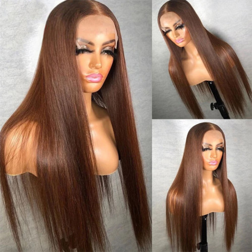 ZSF Hair Chocolate Brown 4# Straight 4*4/5*5/13*4/360 Lace Wig Brazilian Human Virgin Hair One Piece.