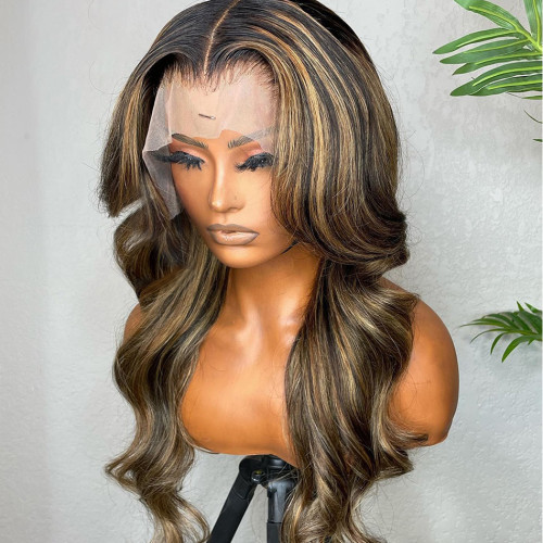 ZSF Hair 1b/27# Highlights Black/Honey Blonde Brazilian Body Wave 4*4/5*5/13*4/360 Lace Wig Pre Plucked 1PC