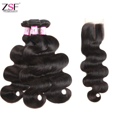 Free Shippng ZSF Hair 8A Grade Body Wave Virgin Hair 3Bundles With Lace 4*4 Closure 100% Human Hair Extension Natural Black