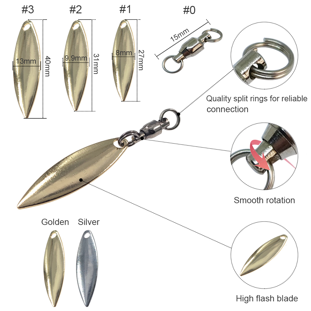 Alwonder 10 PCS Willowleaf Spinner Blades Colorado Blades With Ball Bearing Swivels Corrosion Resistant Spinnerbait Lure Making Supplies Bass Lures