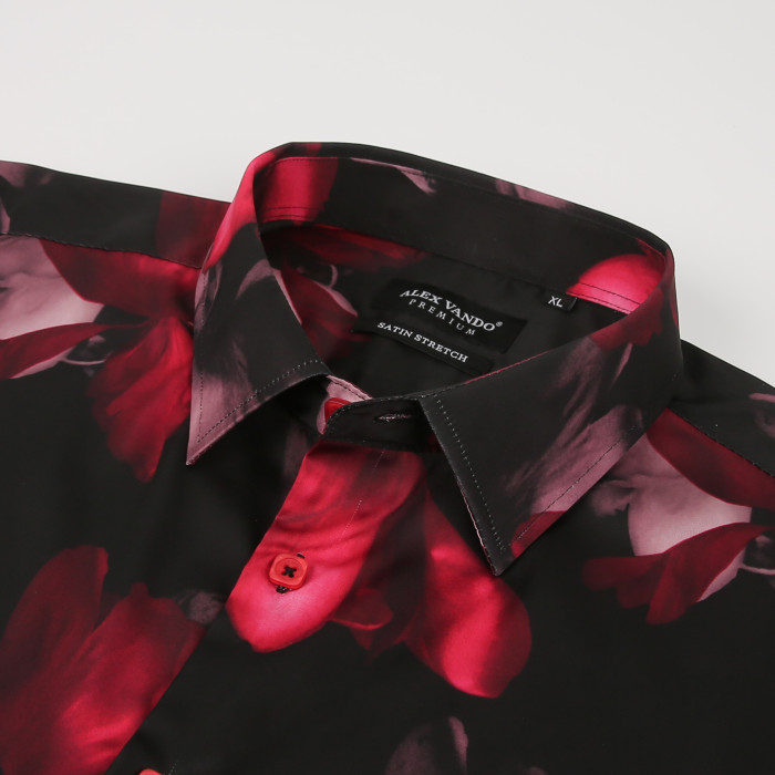 Men's Nightclub Printed Non-Iron Long Sleeve Dress Shirts Red Flower