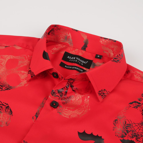 Men's Nightclub Printed Non-Iron Long Sleeve Dress Shirts Red/Skull
