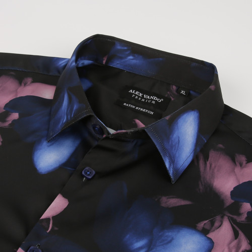 Men's Nightclub Printed Non-Iron Long Sleeve Dress Shirts Blue Flower