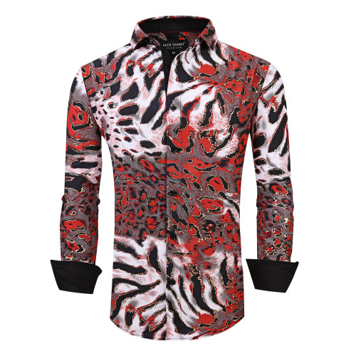 Men's Nightclub Printed Non-Iron Long Sleeve Dress Shirts Red Panther Print