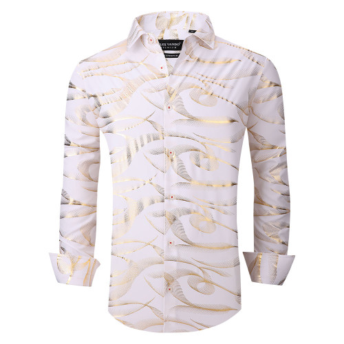 Men's Nightclub Printed Non-Iron Long Sleeve Dress Shirts Golden/White
