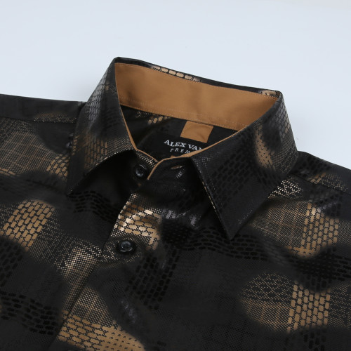 Men's Nightclub Printed Non-Iron Long Sleeve Dress Shirts Black/Plaid