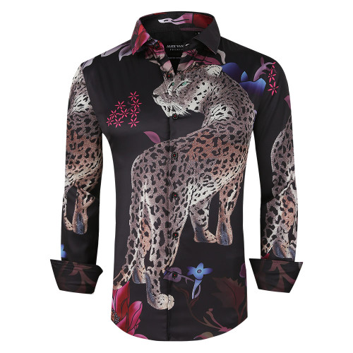 Men's Nightclub Printed Non-Iron Long Sleeve Dress Shirts Black/Leopard