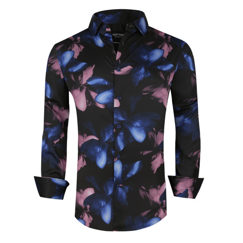 Men's Nightclub Printed Non-Iron Long Sleeve Dress Shirts Blue Flower