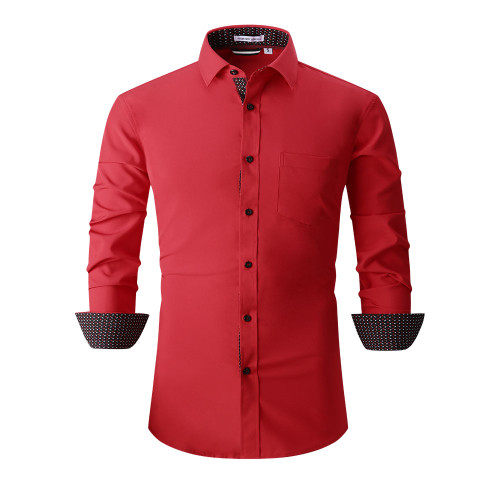 Mens Poli Spandex Casual Regular Fit Long Sleeve Dress Shirts Red