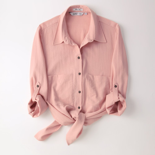 Womens Bracelet Sleeve Shirts with Two Pockets Pink