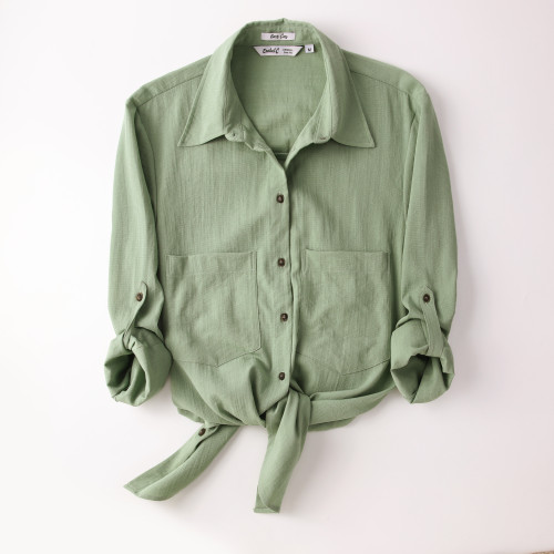 Womens Bracelet Sleeve Shirts with Two Pockets Olive