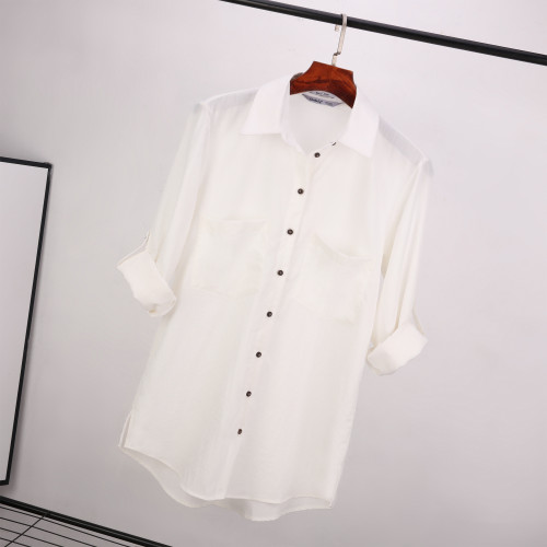 Womens Bracelet Sleeve Shirts with Two Pockets White
