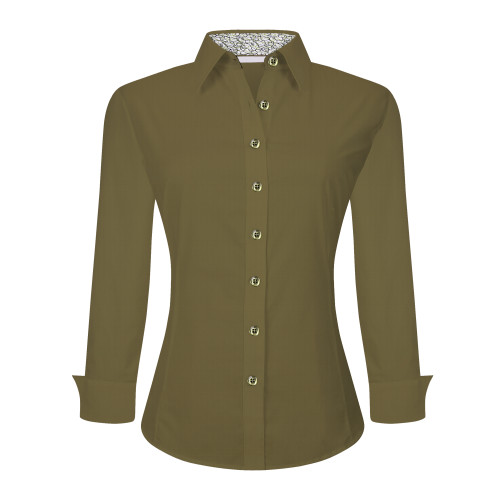 Womens Long Sleeve Cotton Stretch Work Shirt Olive