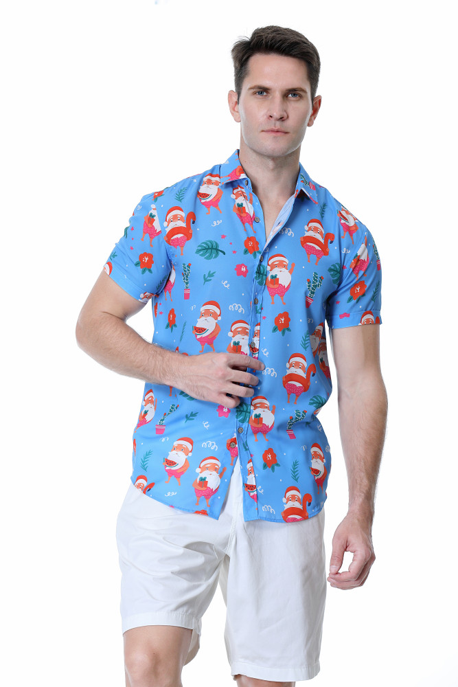 Men's Hawaiian Shirts Short Sleeve Aloha Beach Shirt Blue Santa