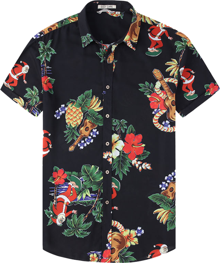 Men's Hawaiian Shirts Short Sleeve Aloha Beach Shirt Black Santa
