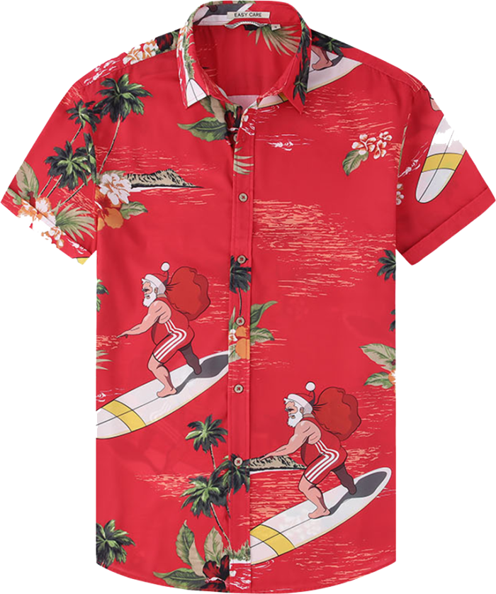 Men's Hawaiian Shirts Short Sleeve Aloha Beach Shirt Red Santa