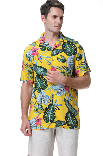 Men's Hawaiian Shirts Short Sleeve Aloha Beach Shirt Yellow Leaf