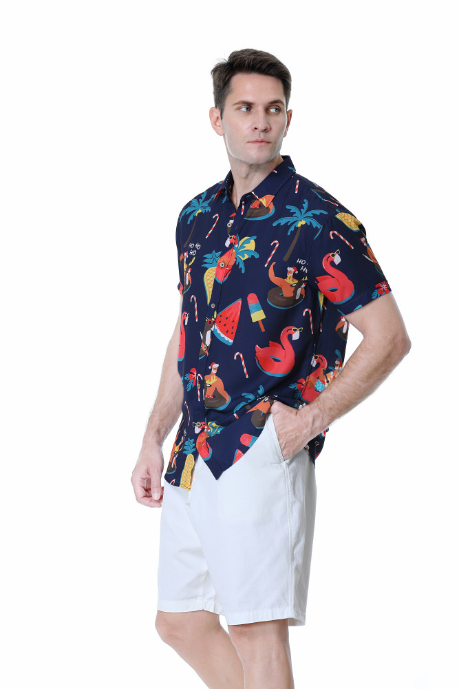 Men's Hawaiian Shirts Short Sleeve Aloha Beach Shirt Navy Santa