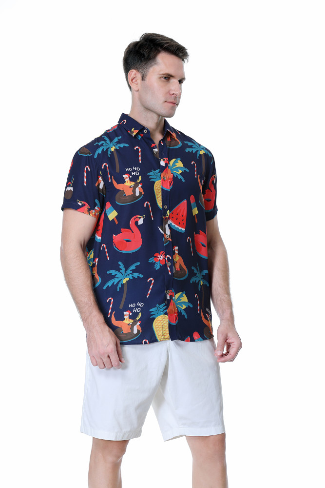 Men's Hawaiian Shirts Short Sleeve Aloha Beach Shirt Navy Santa