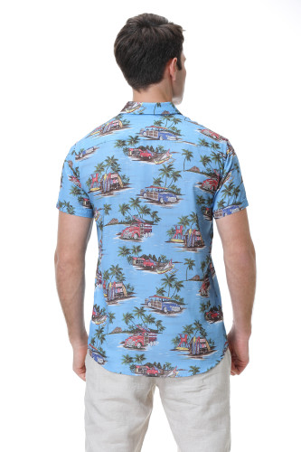 Men's Hawaiian Shirts Short Sleeve Aloha Beach Shirt Blue Car