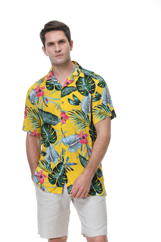 Men's Hawaiian Shirts Short Sleeve Aloha Beach Shirt Yellow Leaf