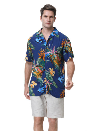 Men's Hawaiian Shirts Short Sleeve Aloha Beach Shirt Navy Leaf 2
